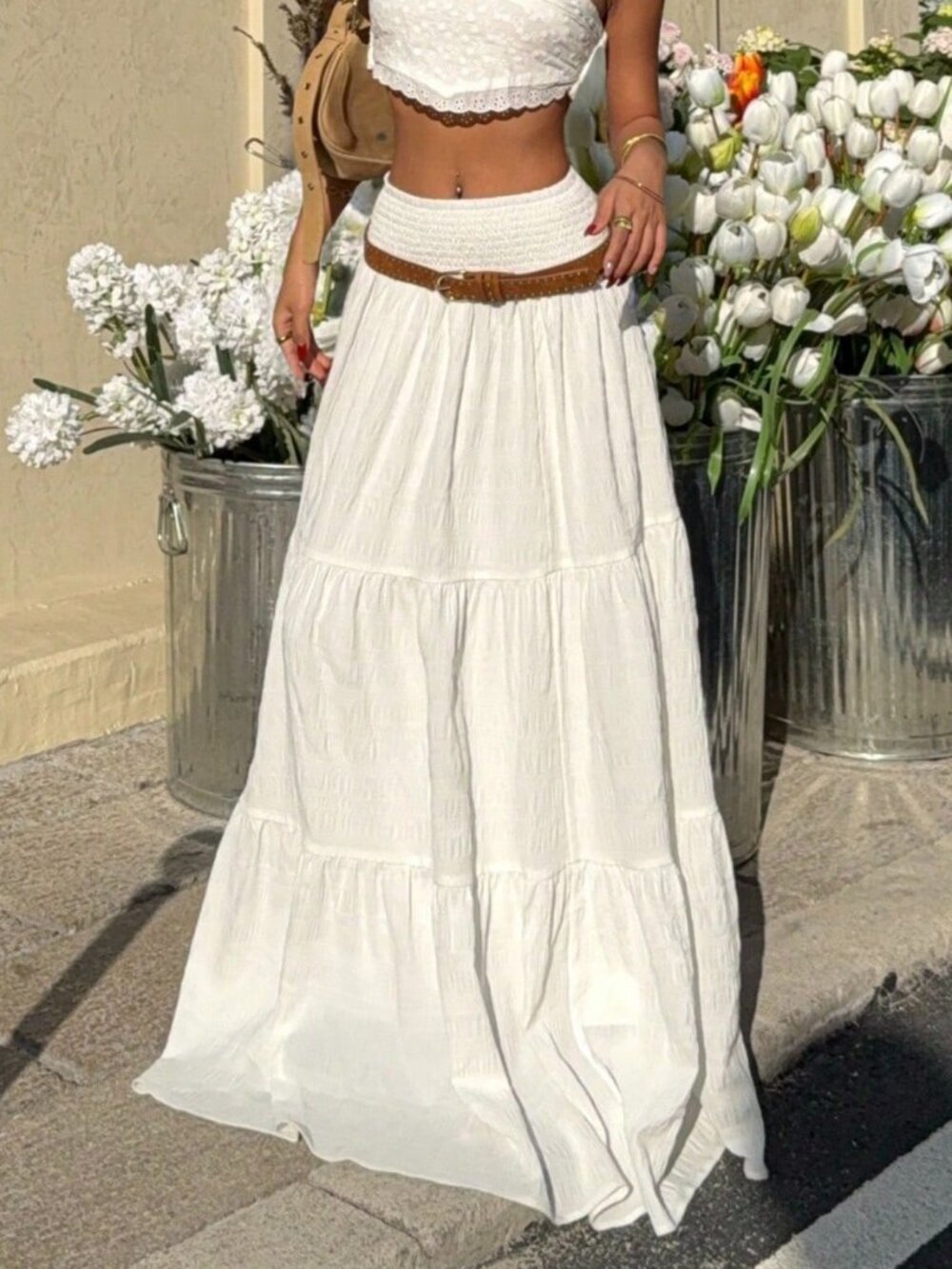 White Casual Women's Shirred Waist Ruffled Hem Skirt - Picture 6 of 6